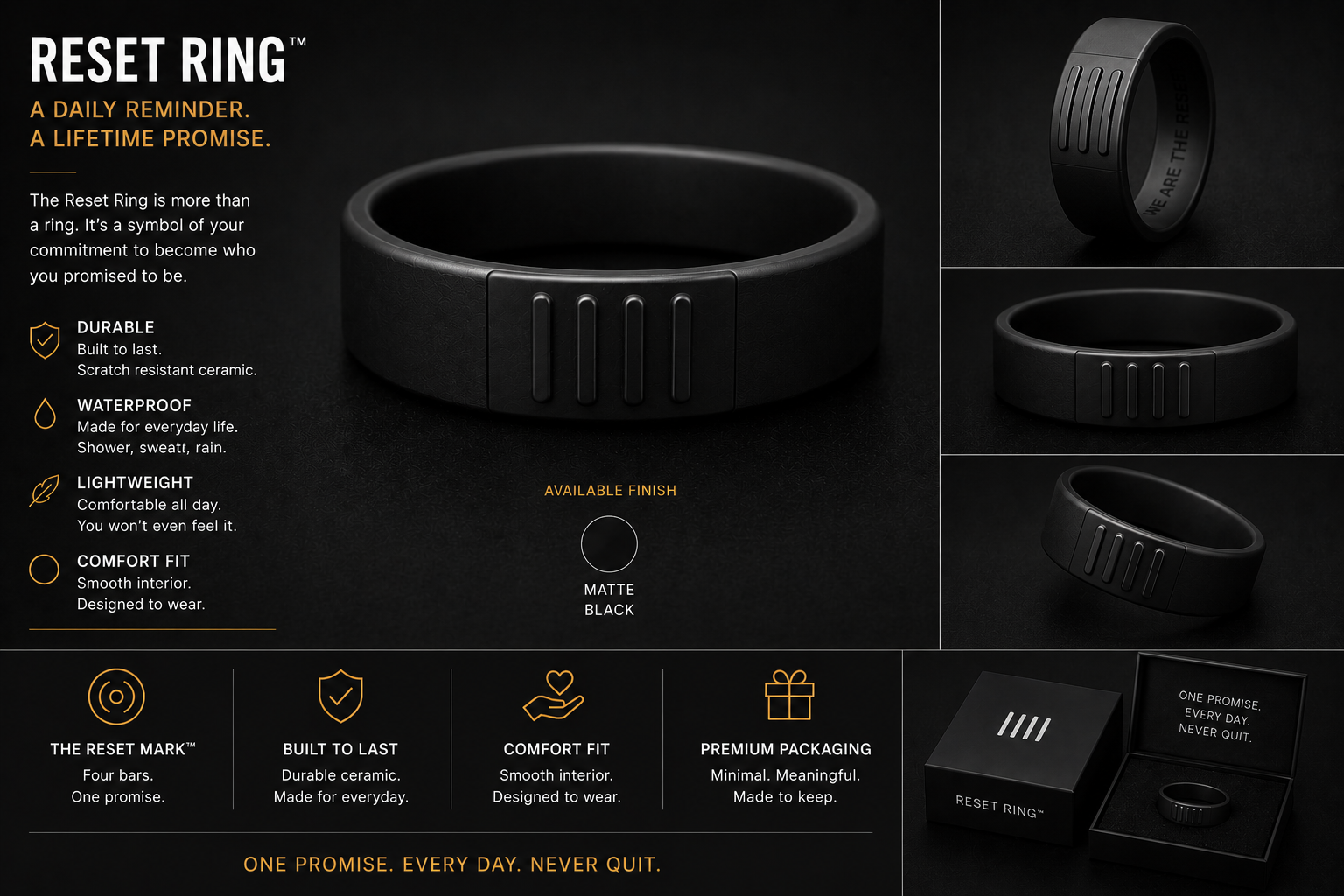 Matte black Reset Ring shown from several angles with the four engraved bars